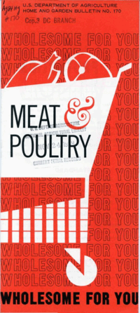 US Dept of Ag "Meat & Poultry" Bulletin. Red background with white shopping cart and "Wholesome for You" text.