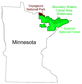 Minnesota Map with Boundary Waters Canoe Area, Voyageurs National Park, and Superior National Forest in the NE highlighted