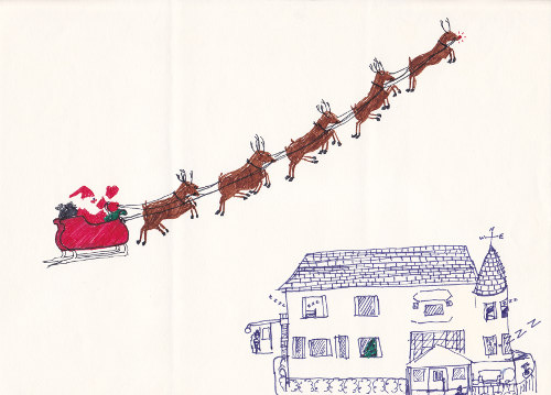 Drawing of Santa and sleigh flying over house 