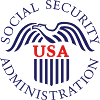 Blue circular logo with the words 'Social Security Administration' around an eagle with 'USA' written in red.