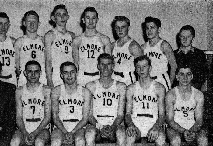 Elmore, MN High School basketball team wearing uniforms 