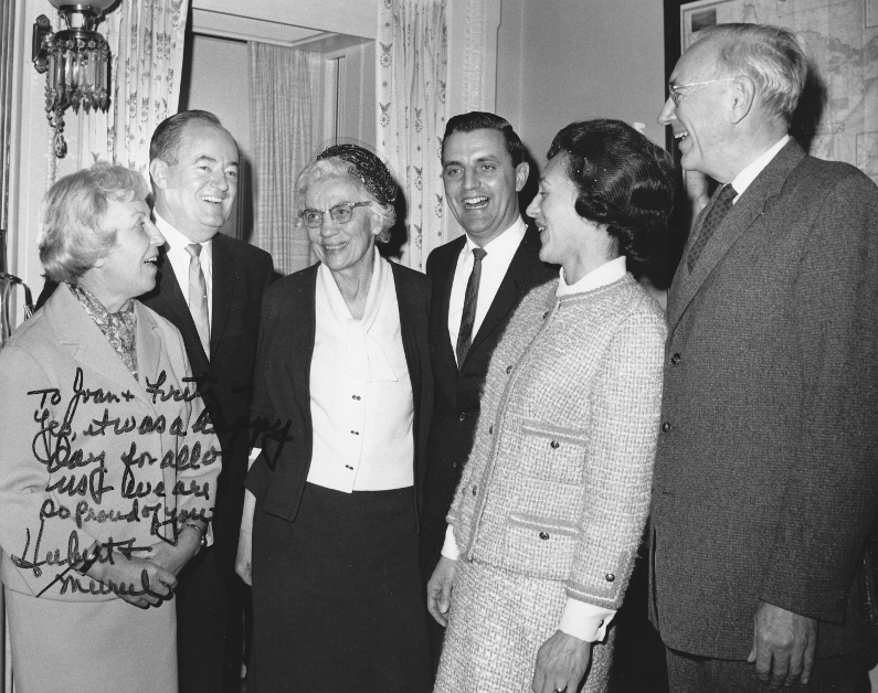 Muriel and Hubert Humphrey, Claribel Mondale, Walter and Joan Mondale, John Maxwell Adams. 
