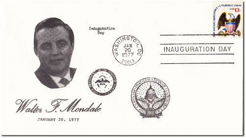 Envelope - stamped: Inauguration Day. Jan 20 1977. Inauguration of Vice President seal. Vice President of the United States seal. Walter Mondale picture and signature.
