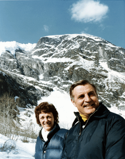 Walter and Joan Mondale in Norway. The couple is outside wearing winter coats.  