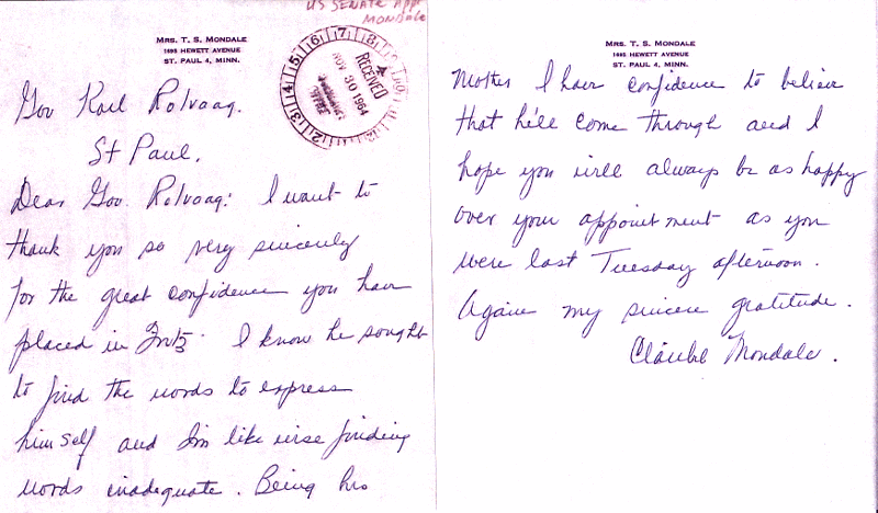 Letter from Claribel Mondale to Governor Karl Rolvaag