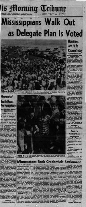 Newspaper with headline "Mississippians Walk Out as Delegate Plan Is Voted"