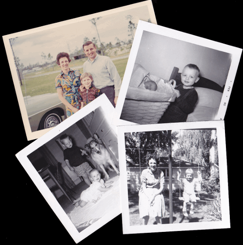 Four polaroid pictures of Walter Mondale and his wife and young children