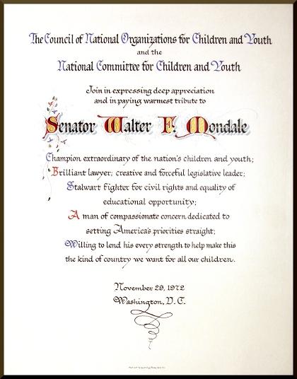 The Council of National Organizations for Children and Youth and the National Committee for Children and Youth appreciation letter to Senator Walter Mondale