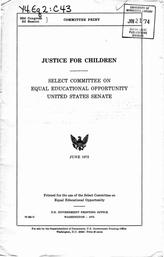 U.S. Congress. Senate. Committee Print. Justice for Children cover page