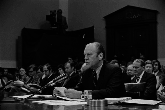 President Gerald Ford appearing at the House Judiciary Subcommittee hearing on pardoning former President Richard Nixon