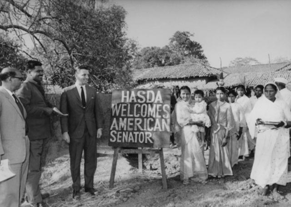 Village in India welcomes Senator Mondale with sign "Hasda Welcomes American Senator"