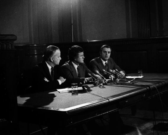 Senators Walter Mondale, Edward Kennedy, and Charles Mathias at a news conference on the Strategic Arms Limitation Talks (SALT I)