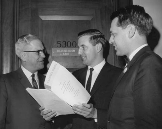 Minnesota Farmers' Union president Ed Christianson, Senator Walter Mondale and Dr. Blue Carstenson of the National Farmers' Union 
