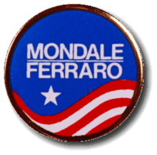 "Mondale Ferraro" pin with one star on a blue background and red and white stripes on the bottom