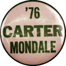 White button with green writing "'76 Carter Mondale"