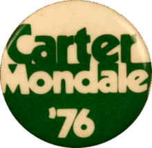 Green and White button "Carter Mondale '76"