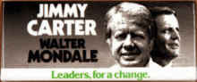 Rectangular campaign button image with image of Jimmy Carter and Walter Mondale and "Leaders, for a change" slogan