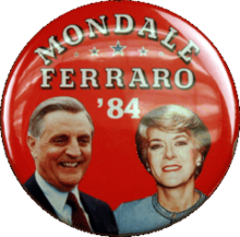 Campaign button with "Mondale Ferraro '84"