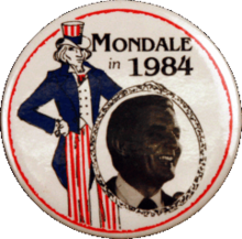 Button "Mondale in 1984" with Walter Mondale's picture and Uncle Sam in the background