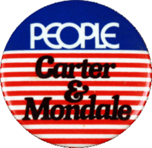 Campaign button with blue top and and red & white striped bottom "People Carter & Mondale"