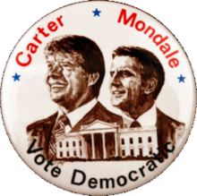 Button with Jimmy Carter and Walter Mondale overlaying the White House and "Vote Democratic" on the bottom