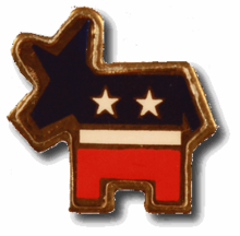 Donkey pin with two stars and a red, white, and blue body