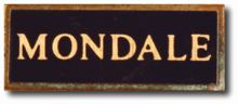 Rectangular pin with the name "Mondale"